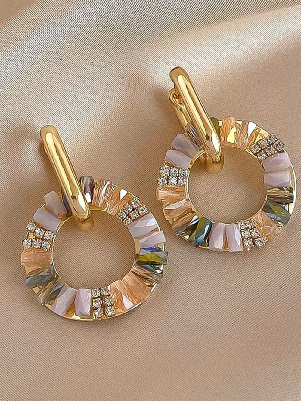 Gold Hoop Drop Earrings with Multicolor Crystal Inlay